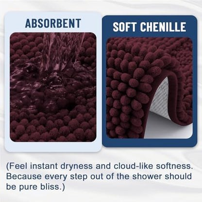 Grandaily Chenille Striped Bathroom Rugs 36x24, Extra Thick and Soft Absorbent Bath Mats, Rubber Backing, Plush Shaggy Shower Carpet, Machine Wash Dry, Bath Rug for Bathroom, Black Cherry