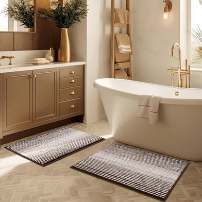 BSICPRO Bathroom Rugs Sets 2 Piece, Non Slip Striped Bath Mats, Brown
