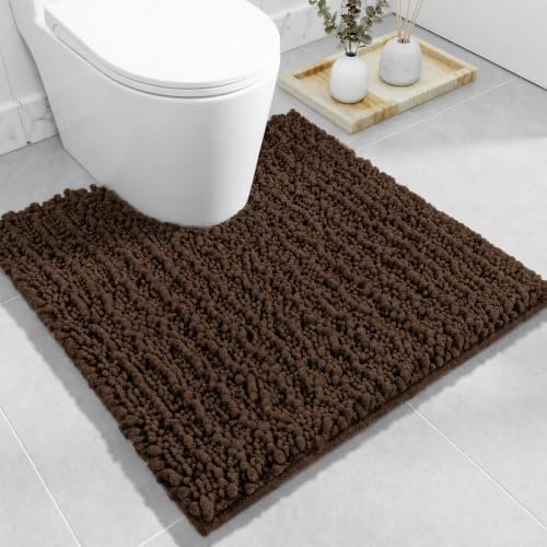 Disolla Toilet Rug 24x24 Inch - Brown U-Shaped Bathroom Floor Mat, Soft Shaggy Plush Absorbent Chenille Contour Rug, Non-Slip Washable Pedestal Base Rug