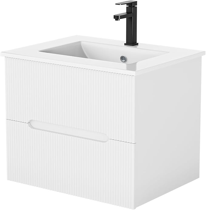 EROMMY 24 Inch Bathroom Vanity with Sink, Floating Bathroom Vanity with Ceramic Basin, Wall Mounted Bathroom Sink Cabinet Set with Soft-Close 2 Drawers, Faucet & Pop Up Drain, White