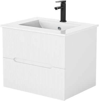 EROMMY 24 Inch Bathroom Vanity with Sink, Floating Bathroom Vanity with Ceramic Basin, Wall Mounted Bathroom Sink Cabinet Set with Soft-Close 2 Drawers, Faucet & Pop Up Drain, White