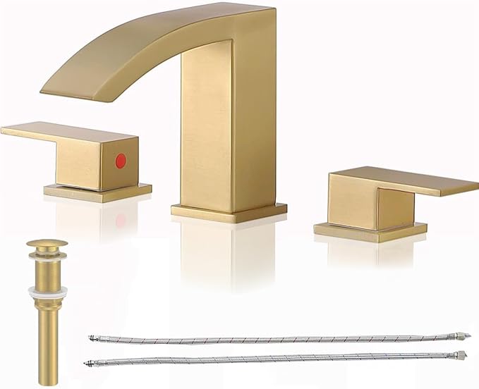 Friho Gold Waterfall Bathroom Faucets 3 Hole, 8 inch Widespread Square Bathroom Sink Faucet with Metal Pop-up Drain and Supply Lines, Two Handles for Vanity, Rv, Commercial, Restroom