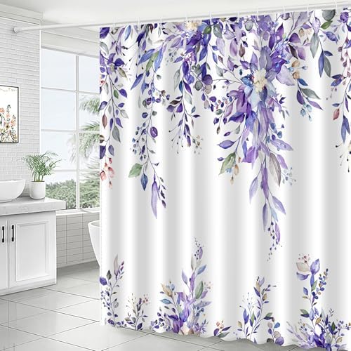 Eucalyptus Shower Curtain, Abstract Aesthetic Art Watercolor Plant Leaves with Floral Bathroom Decor, Waterproof Fabric Cloth Bath Curtain Set with Hooks (Purple, 72x72 Inches)