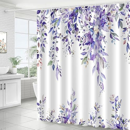 Eucalyptus Shower Curtain, Abstract Aesthetic Art Watercolor Plant Leaves with Floral Bathroom Decor, Waterproof Fabric Cloth Bath Curtain Set with Hooks (Purple, 72x72 Inches)