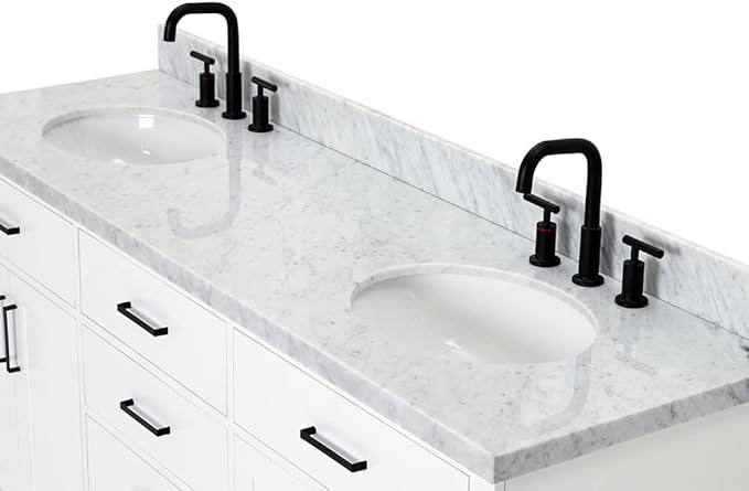 ARIEL Hepburn 72-inch Bathroom Vanity with Sink,Solid Wood, 1.5-inch Italian Carrara Marble Countertop & Backsplash, Double Oval Porcelain Sink, 4 Soft Closing Doors, 6 Dovetail Drawers, White