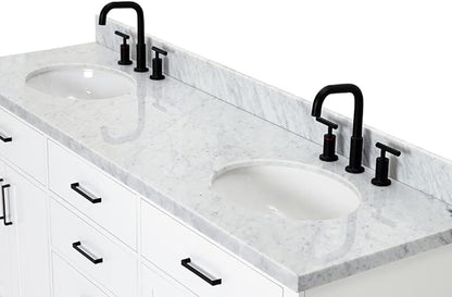 ARIEL Hepburn 72-inch Bathroom Vanity with Sink,Solid Wood, 1.5-inch Italian Carrara Marble Countertop & Backsplash, Double Oval Porcelain Sink, 4 Soft Closing Doors, 6 Dovetail Drawers, White