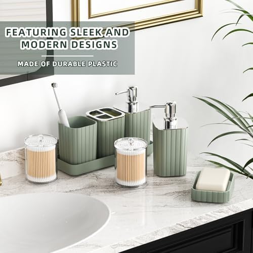 XLHOMO Bathroom Accessories Set - 25PC Sage Bathroom Set, Bathroom Set with Shower Curtain and Rugs, Sage Green Shower Curtain Set, Bathroom Accessory Set, Trash Can & Soap Dispenser