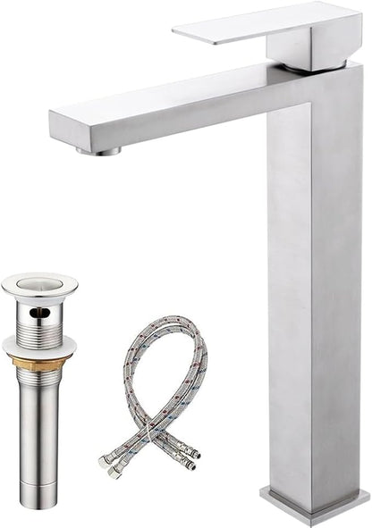Bathroom Sink Faucet, Brushed Nickel Tall Vessel Sink Faucet, Single Hole Tall Bathroom Faucet Lavatory Vanity Sink Faucet with Pop-up Drain,BF012L