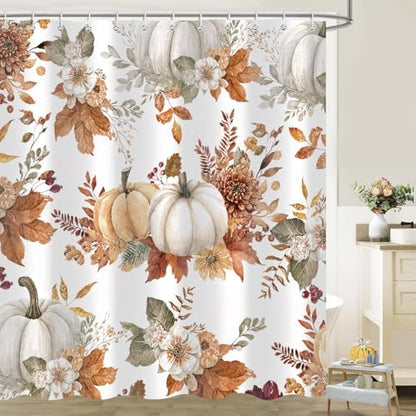 Fall Pumpkin Shower Curtain 72"x72" Waterproof Polyester, Autumn Leaves Floral Thanksgiving Bathroom Decor Includes 12 Hooks