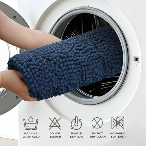 Bcoimo Bath Rug Mat Sets, 2 Piece High Absorbent Chenille Bathroom Mat Navy