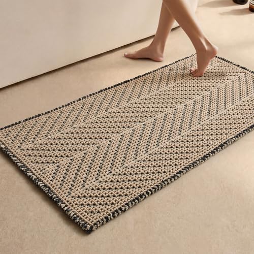 Sunfly Waffle Bath Mat, Boho Bathroom Rugs Non Slip Washable Super Absorbent Quick Dry Bath Mat Farmhouse Bathroom Decor, 24"x48" Black &Khaki