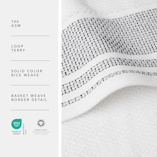 Texere 100% Organic Cotton Rice Weave Jacquard 700 GSM Luxury Bath Towel Sets - 2 Hand Towels, 2 Washcloths (Rice Weave, BRT Wht w/Blk, 2 Hand & 2 Wash Towels)