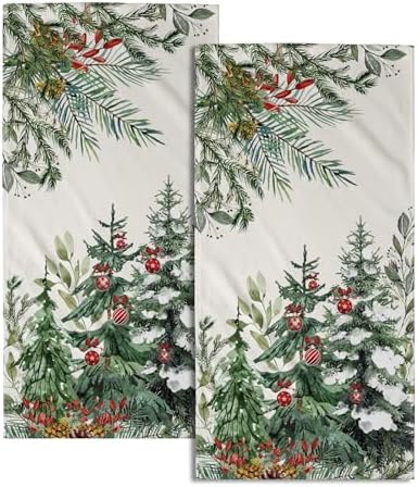 Christmas Tree Hand Towels Set of 2, 14x28 in Winter Forest Pine Cones Picks Bells Absorbent Quick Drying Kitchen Tea Towel Washcloths for Bathroom Hotel Holiday Seasonal Decor