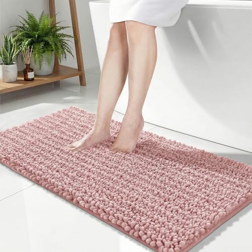 Disolla Pink Bathroom Rug 24x44 Inch - Thick Chenille Bath Mat, Large Shaggy Plush Absorbent Rug, Non-Slip Machine Washable Floor Mat for Double Vanity