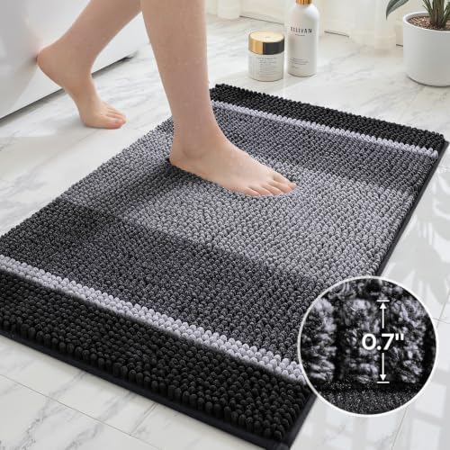 HOMEIDEAS Black Bathroom Rugs Set of 2, Striped Chenille, 20"x32"+17"x24"