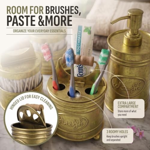 Autumn Alley Antique Gold Bathroom Accessories Set 4 - Farmhouse Soap Dispenser, Toothbrush Holder, 2 Apothecary Jars Qtip Holder - Gold Bathroom Decor – Rustic Farmhouse Bathroom Accessories