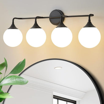 Black Bathroom Light Fixtures Over Mirror Vanity 4-Light | Mid Century Modern Matte Black Wall Sconce with Milky White Glass Ball Shades for for Bathroom Dressing Table Bedroom