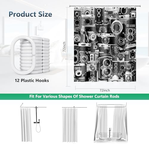 Vintage Old Camera Black White Grey Shower Curtain with Hooks 72 x 72 Inch