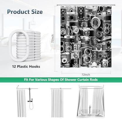 Vintage Old Camera Black White Grey Shower Curtain with Hooks 72 x 72 Inch