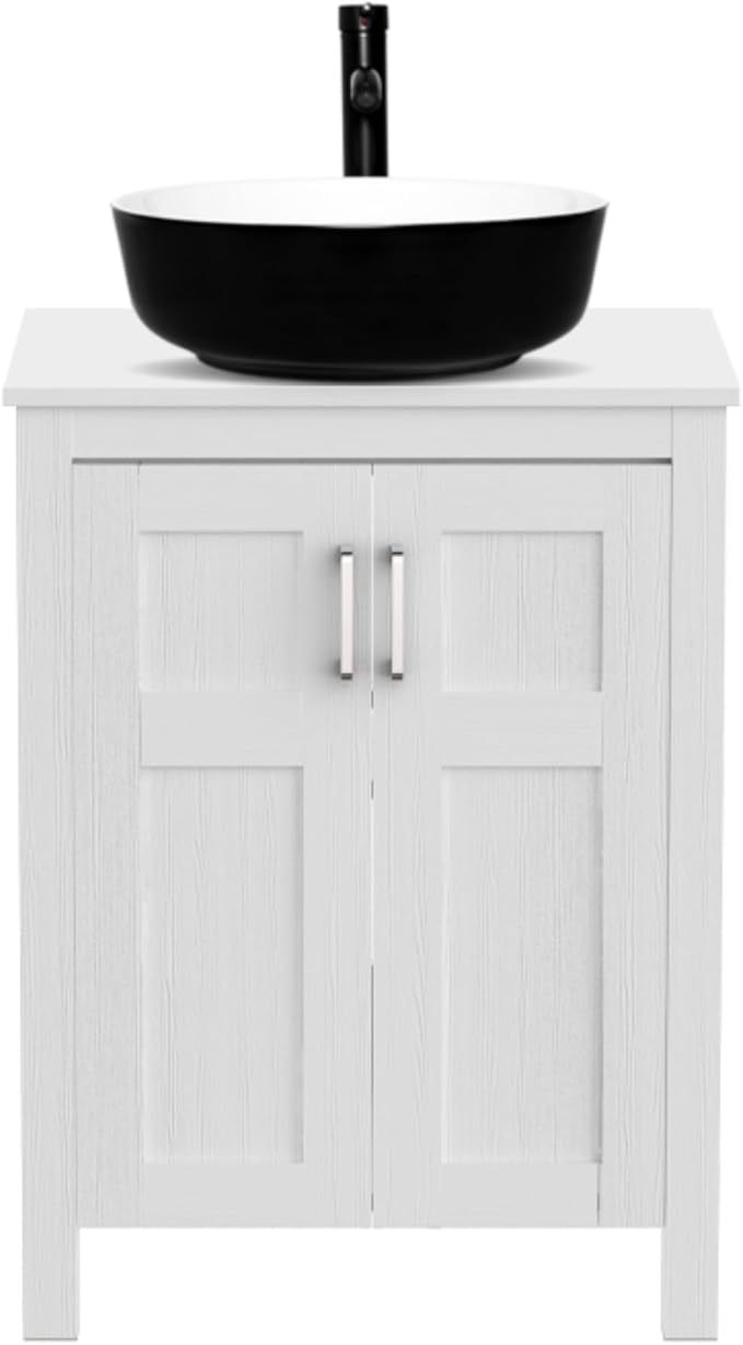 YOURLITE Bathroom Vanity with Sink, 24" White Bathroom Vanity Sink Combo with Black White Ceramic Basin Faucet & Pop Up Drain Set