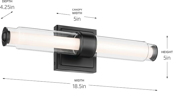 Kichler Laurene LED Bath Bar Light, Black | Dimmable vanity light with clear glass for mirrors and vanities (18.5" x 5"), 55237BKLED