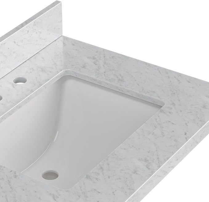 ARIEL Hepburn 66-inch Bathroom Vanity with Sink,Solid Wood, 1.5-inch Italian Carrara Marble Countertop, Double Rectangular Porcelain Sink, 4 Soft Closing Doors, 6 Dovetail Drawers, Brown Oak