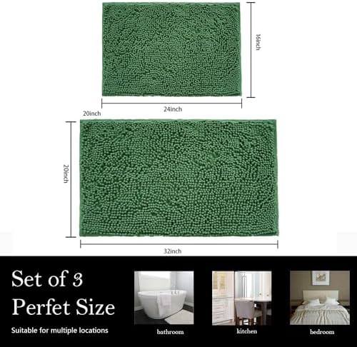 Bathroom Rugs Chenille Bath mat 2 Piece Set, Super Absorbent, PVC Non Slip Backing, Bath mats for Bathroom, Plush Shaggy, Thick, Machine Washable, Bathtub, Shower, Toilet.(Deep Green)