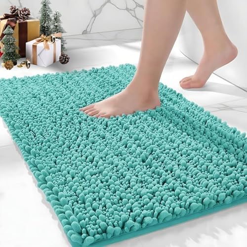 Bathroom Rugs Non Slip Washable, Extra Thick Soft Chenille Absorbent Bath Mat, High Density Barrier Non Slip Backing, Quick Dry Plush Shaggy Floor Carpet for Tub&Shower 24x17, TealBlue