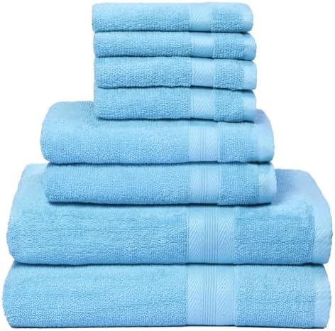 BOUTIQUO White Towel Set - 8 Piece Bathroom Towel Sets - 100% Ring Spun Cotton, 2 Bath Towel 27x54, 2 Hand Towel 16x28 and 4 Washcloth 13x13 - Ultra Soft Highly Absorbent Towel Set - Sky Blue
