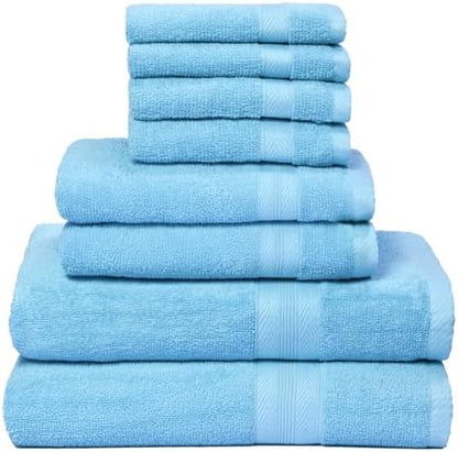 BOUTIQUO White Towel Set - 8 Piece Bathroom Towel Sets - 100% Ring Spun Cotton, 2 Bath Towel 27x54, 2 Hand Towel 16x28 and 4 Washcloth 13x13 - Ultra Soft Highly Absorbent Towel Set - Sky Blue