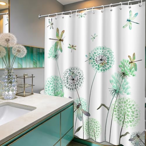 Mint Green Dandelion Shower Curtain Spring Dragonfly Teal White Watercolor Shower Curtains for Bathroom Decor, Waterproof Cloth Fabric with Hooks 70" Wx72 L