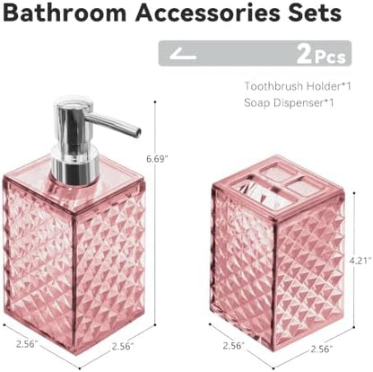 2 Piece Bathroom Accessory Set, Pink Soap Dispenser and Toothbrush Holder