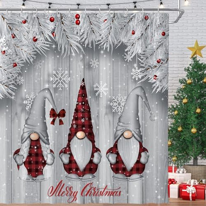 Winter Christmas Shower Curtain for Bathroom 72W*72H Inch Silver Snow Gnomes Rustic Grey Wood Plank Farmhouse Gray Xmas Balls Tree Holiday Decorations Bathtub Decor Waterproof Polyester Fabric Set