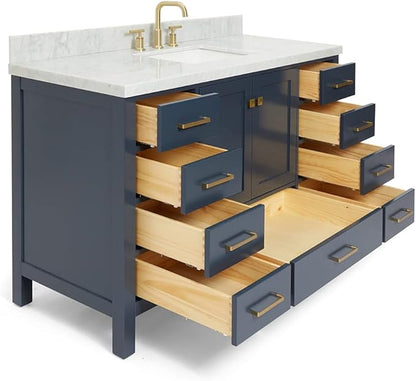 ARIEL Cambridge 54-inch Bathroom Vanity with Sink,Solid Wood, 1.5-inch Italian Carrara Marble Countertop, Single Rectangular Porcelain Sink, 2 Soft Closing Doors, 9 Dovetail Drawers, Midnight Blue