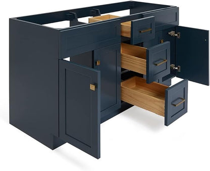 ARIEL Hamlet 60-inch Bathroom Vanity Base Cabinet,Solid Wood, 4 Soft Closing Doors, 3 Dovetail Drawers, Satin Brass, Midnight Blue
