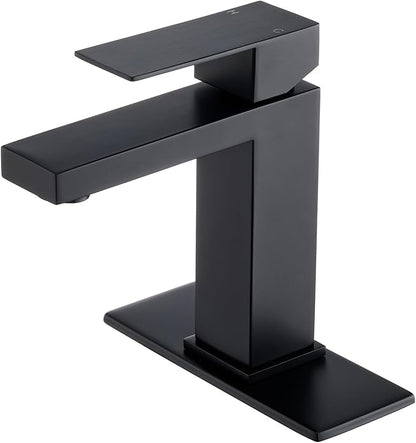 Black Bathroom Faucet, Stainless Steel Vanity Bathroom Sink Faucet with Pop Up Drain Stopper and Water Hoses, Easy to Install Bathroom Faucet 1 Hole for Bathroom Sink, Vanity, RV, Farmhouse