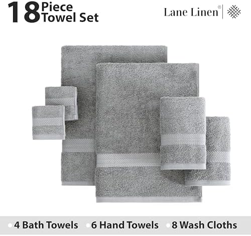 LANE LINEN Towel Set Soft Absorbent Quick Dry 100% Cotton 18 Piece - Grey
