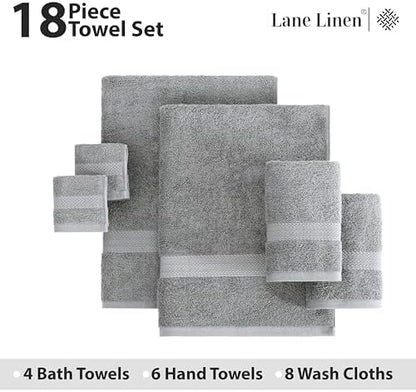 LANE LINEN Towel Set Soft Absorbent Quick Dry 100% Cotton 18 Piece - Grey