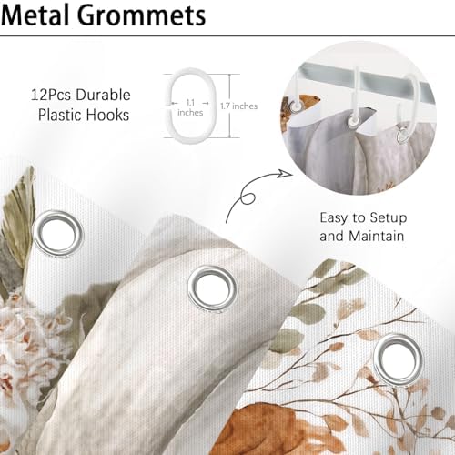 Fall Pumpkin Shower Curtain 72"x72" Waterproof Polyester, Autumn Leaves Floral Thanksgiving Bathroom Decor Includes 12 Hooks