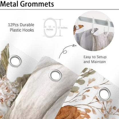 Fall Pumpkin Shower Curtain 72"x72" Waterproof Polyester, Autumn Leaves Floral Thanksgiving Bathroom Decor Includes 12 Hooks