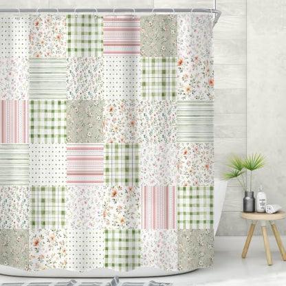 MESHELLY Boho Floral Patchwork Shower Curtain 60Wx72H Vintage Checkered Sage Green Plaid Pink Striped Country Gingham Bathroom Curtain Farmhouse Bath Curtain Bathroom Accessories Decor with 12 Hooks