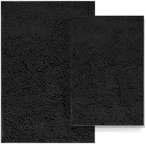 Black Bathroom Rugs Non Slip Bath Rugs Set 2 Piece, Bath Mats for Bathroom, Thick Soft Chenille Rug Set, Bathtub Mat, Ultra Absorbent Bath Carpet, Shaggy Bathrooms Carpet Sets