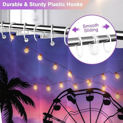 Romantic Gradient Purple Shower Curtain with 12 Hooks, Machine Washable Coastal Shower Curtain with Weighted Hem, Beach Ferris Wheel Design Waterproof Shower Curtains for Bathroom Decor, 72x72 Inch