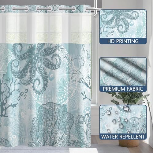 No Hook Shower Curtain with Snap-in Liner 71x74 Inch