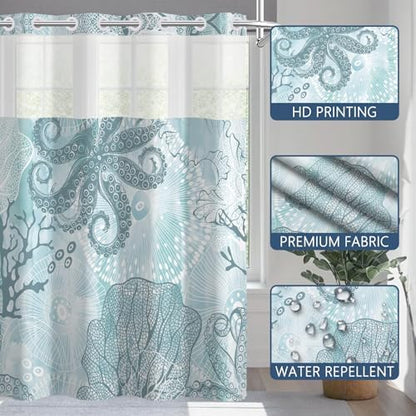 No Hook Shower Curtain with Snap-in Liner 71x74 Inch