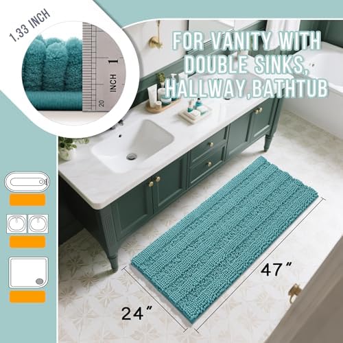 Yimobra Bathroom Rug Mat 47 x 24, Non Slip and Super Absorbent Bath Mat,Machine Washable Quick Dry,Ultra Plush Chenille Shower Rugs for Bathroom Floor Sink Tub and Shower Outside,Teal Blue