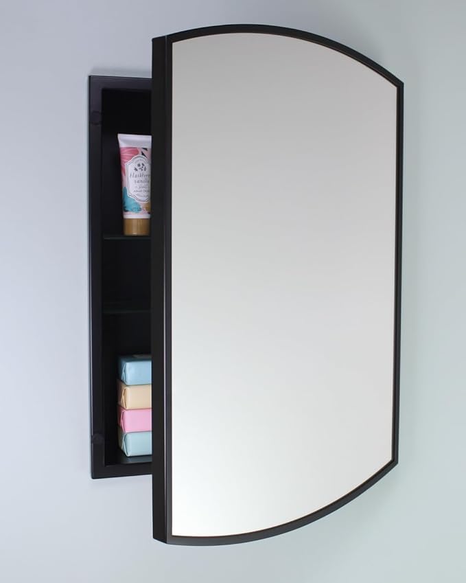 Fox Hollow Furnishings 16x20 Harper Crescent Metal Framed Rectangle Recessed Bathroom Medicine Cabinet, Arced Mirror, 14x18 in-Wall Opening, Adjustable Glass Shelves, Magnet Close, Black