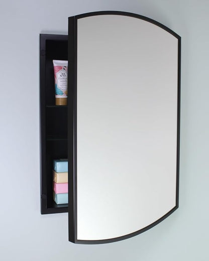 Fox Hollow Furnishings 16x20 Harper Crescent Metal Framed Rectangle Recessed Bathroom Medicine Cabinet, Arced Mirror, 14x18 in-Wall Opening, Adjustable Glass Shelves, Magnet Close, Black