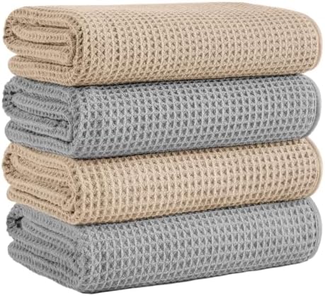 Microfiber Waffle Bath Towels, 4 Pieces, Soft, Absorbent, Fast Drying, Lint Free 430 GSM (27''x55''/68.58 cm x139.7 cm) (Beige+Silver)