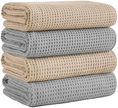 Microfiber Waffle Bath Towels, 4 Pieces, Soft, Absorbent, Fast Drying, Lint Free 430 GSM (27''x55''/68.58 cm x139.7 cm) (Beige+Silver)